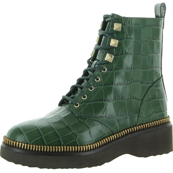 Michael Kors Embossed Croc Patent Leather Haskell Bootie Moss Green Combat Boot - Picture 3 of 11